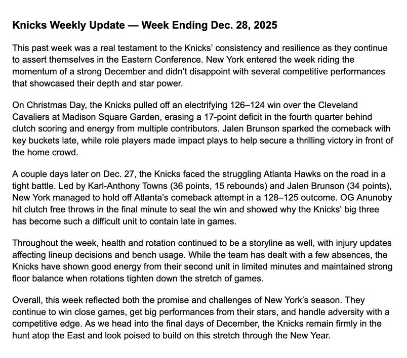 This past week was a real testament to the Knicks’ consistency and resilience as they continue to assert themselves in the Eastern Conference. New York entered the week riding the momentum of a strong December and didn’t disappoint with several competitive